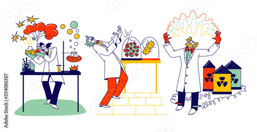 Crazy Chemist Characters, Mad Scientist Conduct Experiments in Scientific Laboratory with Nuts Expression on Face, Mix Liquids in Flasks, Grow Virus and Electricity. Linear People Vector Illustration