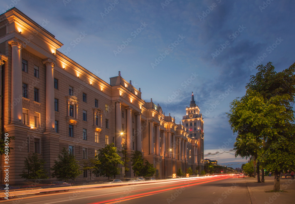 City landscape with a beautiful large building with lighting in the city of Voronezh