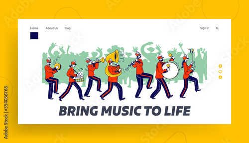 Orchestral March Parade Landing Page Template. Orchestra Characters Wearing Festive Uniform Playing Trombone, Tambourine and Drum Instruments during or Public Event. Linear People Vector Illustration