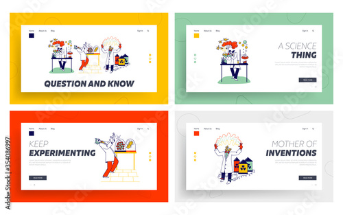 Mad Scientist Landing Page Template Set. Crazy Chemist Characters Conduct Experiments in Scientific Laboratory Mix Liquids in Flasks, Grow Virus and Use Electricity. Linear People Vector Illustration