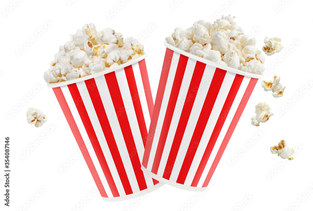 Red striped carton cups with delicious popcorn, isolated on white background Red striped carton cups with delicious popcorn, isolated on white background