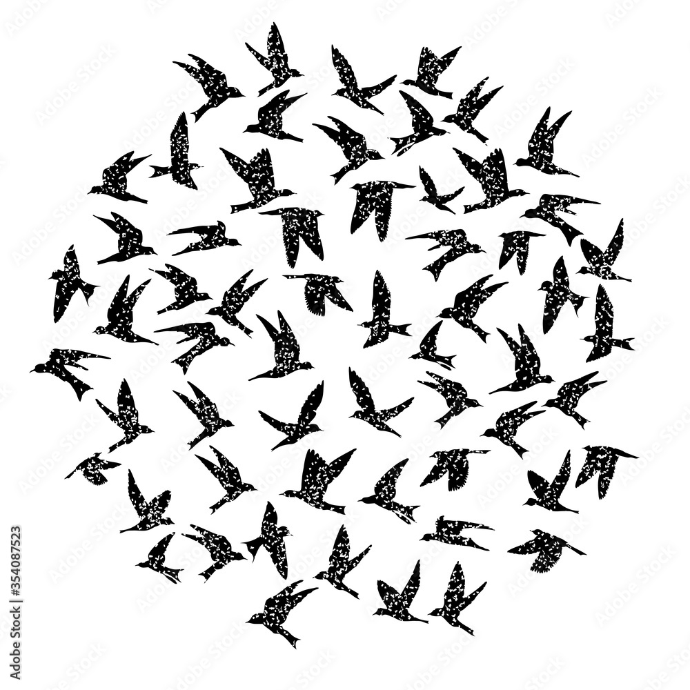 Naklejka premium Isolated textured stipple silhouette of birds flock in the air Inspirational body flash tattoo ink. Vector.