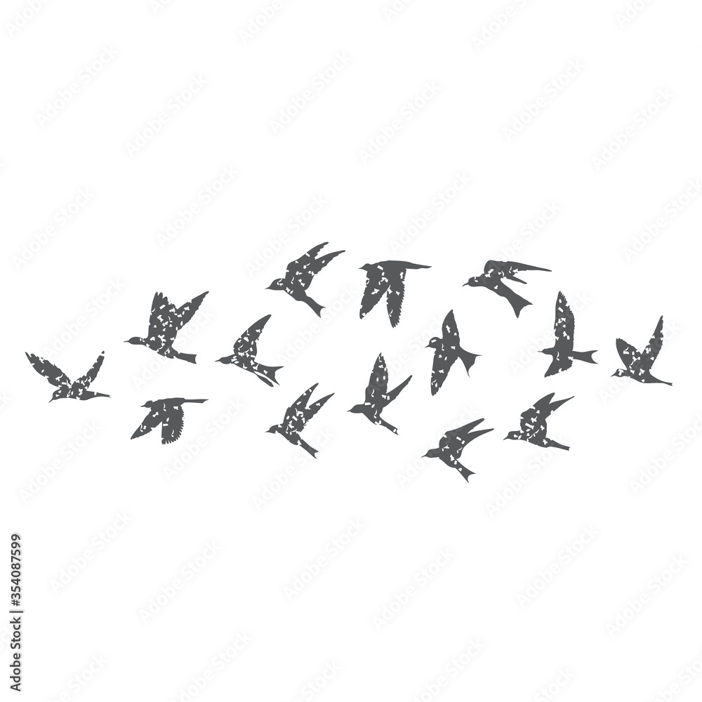 Silhouette of city flying birds on white background. Inspirational body flash tattoo ink. Set of textured stipple grey birds fly swallows, hand made. Vector. Silhouette of city flying birds on white background. Inspirational body flash tattoo ink. Set of textured stipple grey birds fly swallows, hand made. Vector.