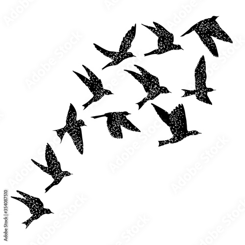 Canvas Print Isolated textured stipple silhouette of birds flock in the air Inspirational body flash tattoo ink