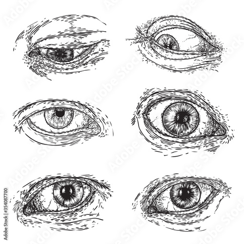 Set of human eyes for design of all seeing eye symbols variations. Alchemy, religion spirituality and occultism tattoo ink art collection. Vision of providence and third eye. Vector.