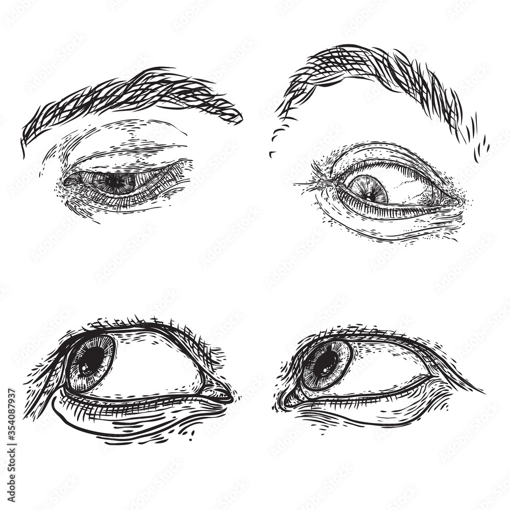 Female and male eye and brow with lashes image set in different mood