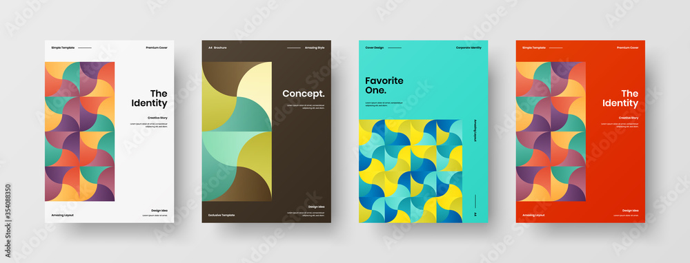 Obraz premium Company identity brochure template collection. Business presentation vector A4 vertical orientation front page mock up set. Corporate report cover abstract geometric illustration design layout bundle.