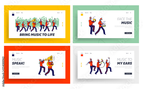Orchestral March Parade Landing Page Template Set. Orchestra Characters Wear Festive Uniform Playing Trombone, Tambourine and Drum Instruments during or Public Event. Linear People Vector Illustration