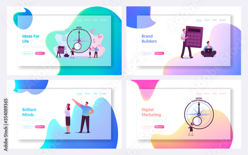 Digitization Landing Page Template Set. Digital Transformation or Disruption, Financial Statistics, Big Data or Performance Measuring. Tiny Characters and Compass. Cartoon People Vector Illustration