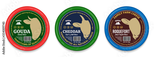 Vector cheese round labels and packaging design templates. Cow, sheep and goat icons