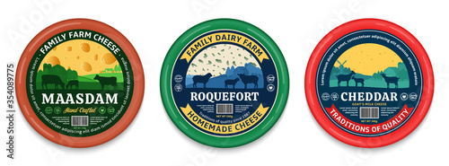 Vector cheese round labels and packaging design elements. Different types of cheese detailed patterns. Dairy farm illustrations with cows, sheep and goats
