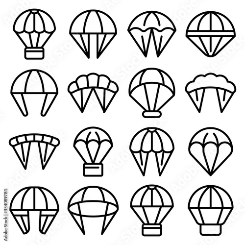 Parachuting icons set. Outline set of parachuting vector icons for web design isolated on white background