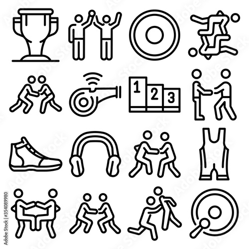 Greco-Roman wrestling icons set. Outline set of Greco-Roman wrestling vector icons for web design isolated on white background