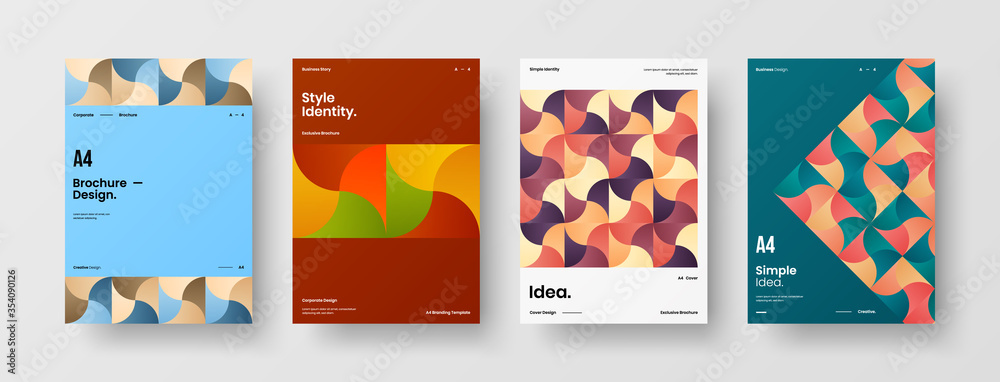 Naklejka premium Company identity brochure template collection. Business presentation vector A4 vertical orientation front page mock up set. Corporate report cover abstract geometric illustration design layout bundle.