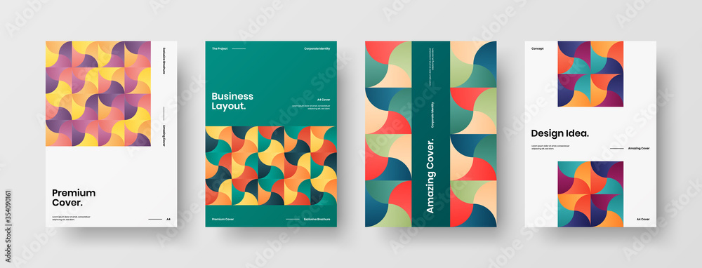 Company identity brochure template collection. Business presentation vector A4 vertical orientation front page mock up set. Corporate report cover abstract geometric illustration design layout bundle.