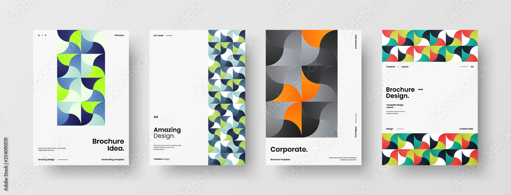 Company identity brochure template collection. Business presentation vector A4 vertical orientation front page mock up set. Corporate report cover abstract geometric illustration design layout bundle.