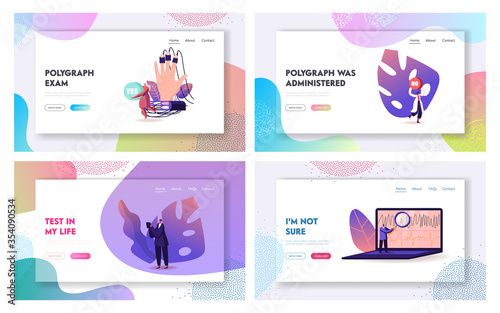 Polygraph Test Landing Page Template Set. Tiny Characters at Computer Physiological Measures of Person Undergoing Lie Detector, Examining Expert Write Observation. Cartoon People Vector Illustration
