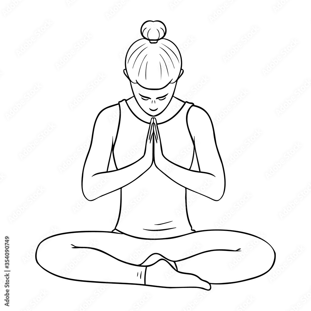 woman doing yoga cross-legged with head bowed and hands clasped. monochrome, comic. woman doing yoga cross-legged with head bowed and hands clasped. monochrome, comic.