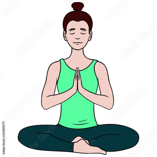 woman folds her hands cross-legged doing yoga. turquoise top isolated on white background. comic drawing.