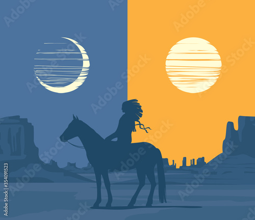 Vector Western landscape with wild American prairies and the silhouette of a lone Indian on a horse. Decorative illustration with a Native american day and night. Vintage Wild West background