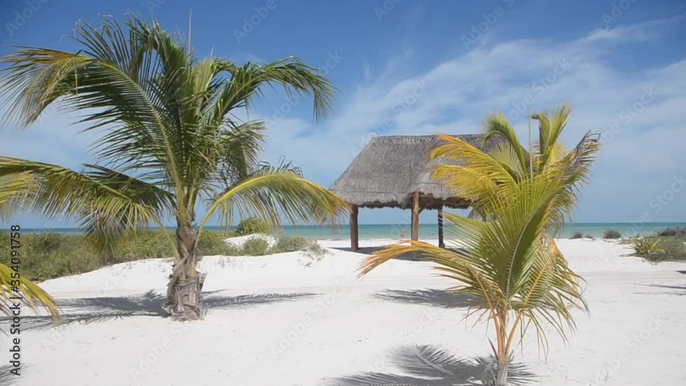 Caribbean beach with palm trees with natural gazebos and white sand on the island of Holbox, Mexico. An ideal place to relax in contact with nature Caribbean beach with palm trees with natural gazebos and white sand on the island of Holbox, Mexico. An ideal place to relax in contact with nature