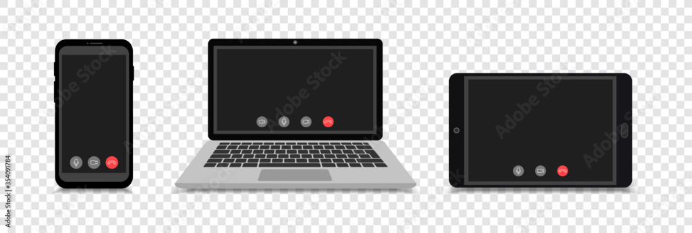 Mockup video calls on a smartphone, tablet and laptop. Screen with video call and video conference. Quarantine. Online meetings.