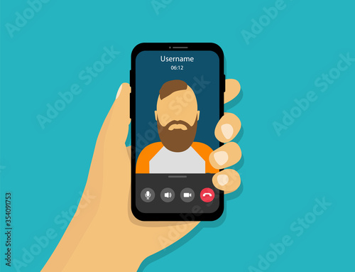 A hand holds a phone with a video call. Video call on a smartphone in cartoon style.