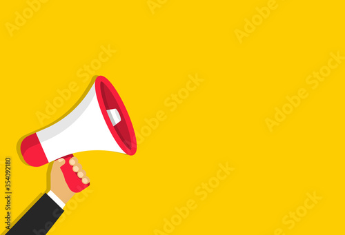 Megaphone in hand in cartoon style. Loudspeaker for announcement or important information.