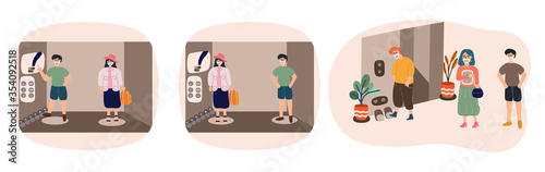 People wearing face mask and using foot pedals to activate an elevator. Tread to activate and elevator sign. Physical distance , new normal , safe distance. Vector illustration in flat cartoon design.