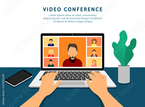 Video conference on laptop. Online meeting. Quarantine. Mockup video calls.