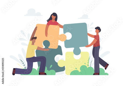 Business concept. People connecting puzzle elements. Symbol of teamwork, partnership, cooperation. Vector isolate on a white background in trend color.