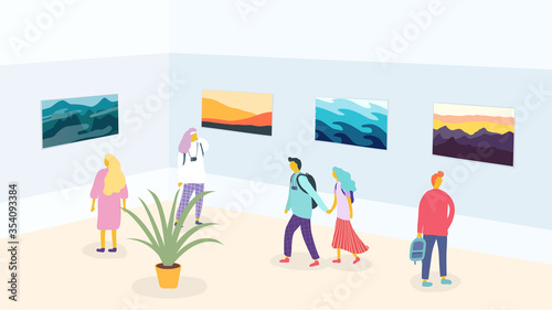 Vector illustration. Color minimalist design. Doodle cartoon flat style. People in art gallery hall standing and looking at pictures. Tourist with camera and backpack thinking about artwork. 
