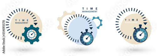 Time management concept. Set of creative icons for efficiency, productivity. Sign stopwatch, gears. Flat design. Vector
