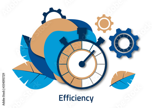 Creative icon for efficiency, productivity. Sign of a stopwatch, gears on a background of leaves. Vector