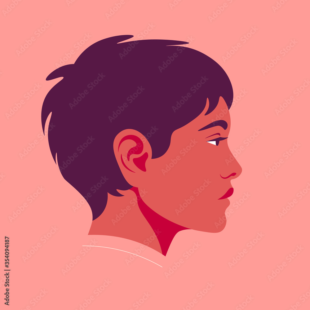 The head of a Hispanic girl in profile. Portrait of a brunette woman with short haircut. Social Media Avatar. Vector flat Illustration