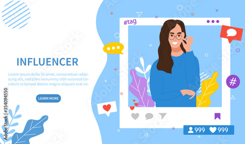 Online or internet influencer with social media icons around a smiling woman on a screen with copy space for text alongside, colored vector illustration