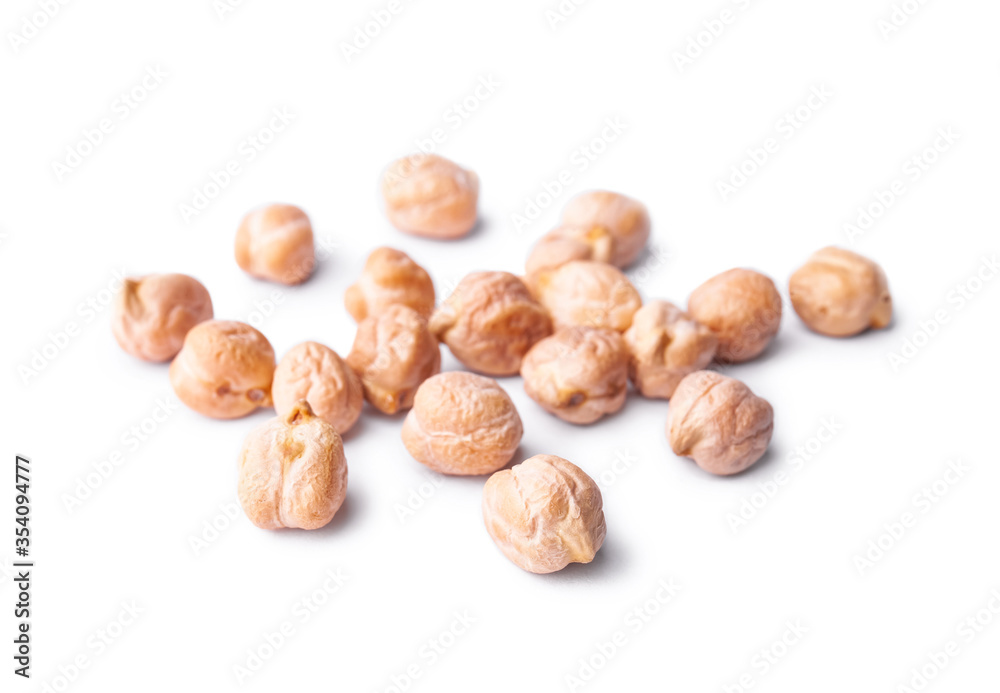 Heap of raw chickpea beans isolated on white background. Healthy vegetarian food concept. Pile of uncooked chickpeas Heap of raw chickpea beans isolated on white background. Healthy vegetarian food concept. Pile of uncooked chickpeas