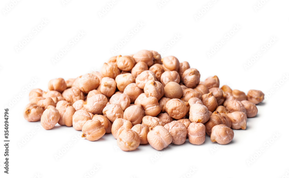 Heap of raw chickpea beans isolated on white background. Healthy vegetarian food concept. Pile of uncooked chickpeas Heap of raw chickpea beans isolated on white background. Healthy vegetarian food concept. Pile of uncooked chickpeas