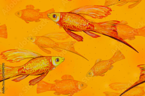 Seamless pattern with a flock of tropical fish painted in bright orange watercolor colors.