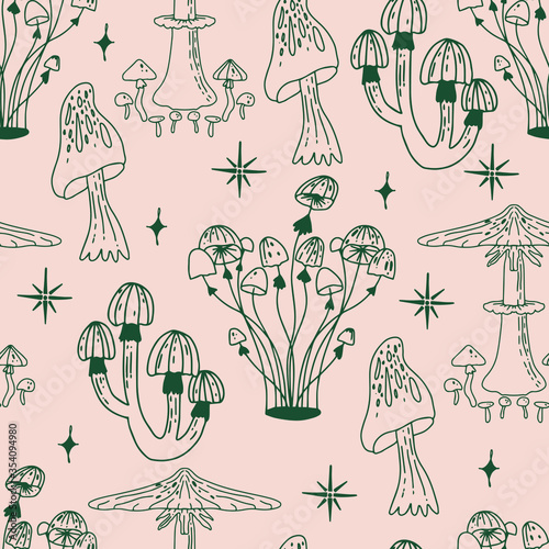 Beautiful hand drawn line mushroom seamless pattern. Floral, ornate, decorative, tribal, forest vector design elements.