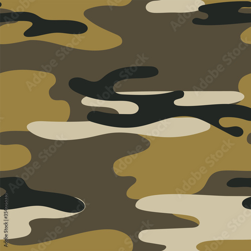 Military camouflage seamless pattern. Khaki texture. Trendy background. Abstract color vector illustration. For design wallpaper, fabric, wrapping paper.