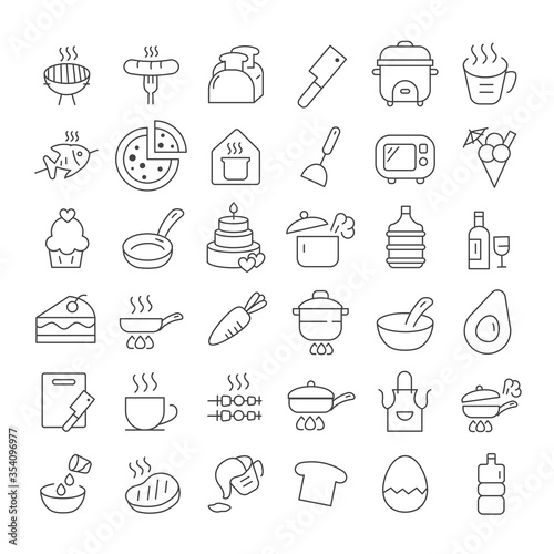 Set of minimal kitchen tools or cooking and food icon isolated modern outline on white background