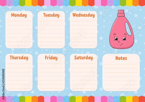 School schedule. Timetable for schoolboys. Empty template. Weekly planer with notes. Isolated color vector illustration. Cartoon character.