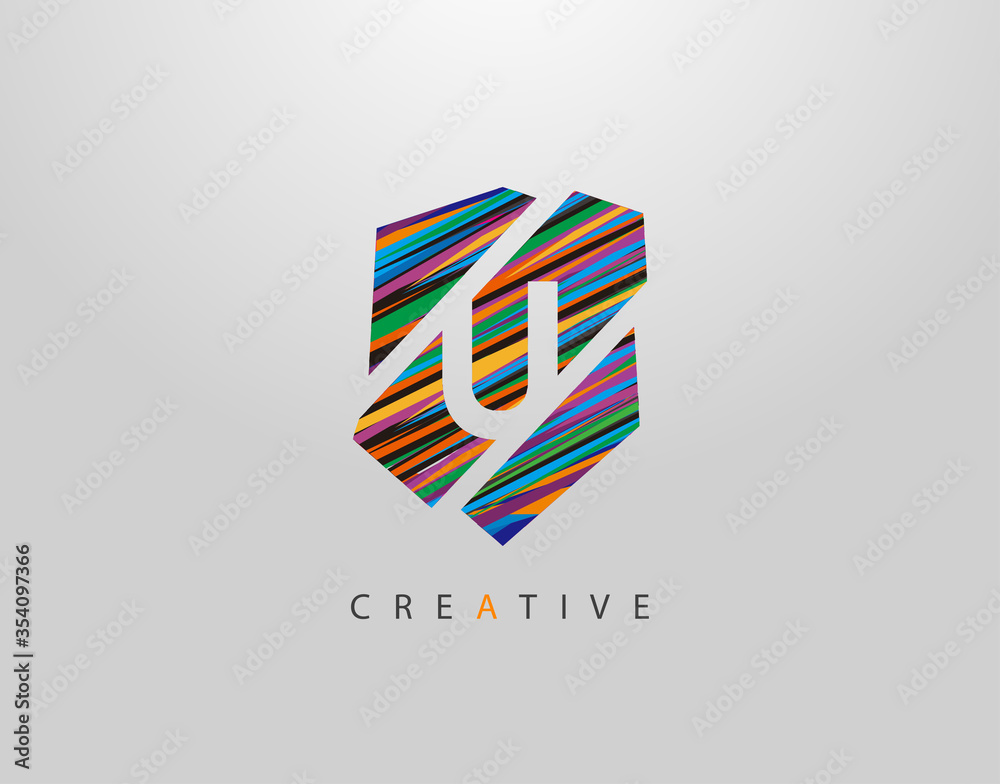 Art Shield U Letter Logo. Creative Modern Abstract Geometric Icon Design, made of various colorful pop art strips shapes Art Shield U Letter Logo. Creative Modern Abstract Geometric Icon Design, made of various colorful pop art strips shapes