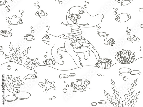 Coloring book vector illustration cartoon drawing of marine life  mermaid  turtle  starfish  fish  corals  seabed  underwater world  black and white illustration  doodles.