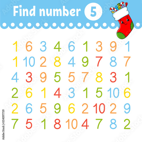 Find number. Education developing worksheet. Activity page with pictures. Game for children. Color isolated vector illustration. Funny character. Cartoon style.