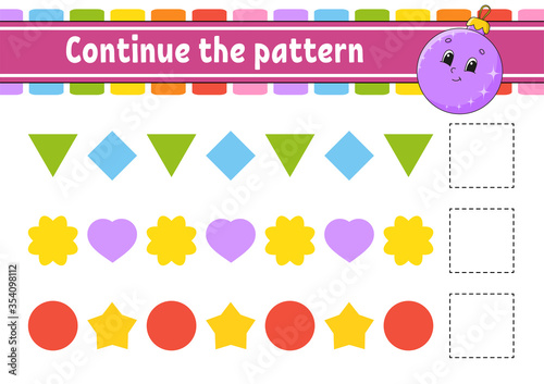 Continue the pattern. Education developing worksheet. Game for kids. Activity page. Puzzle for children. Riddle for preschool. Flat isolated vector illustration. Cute cartoon style.