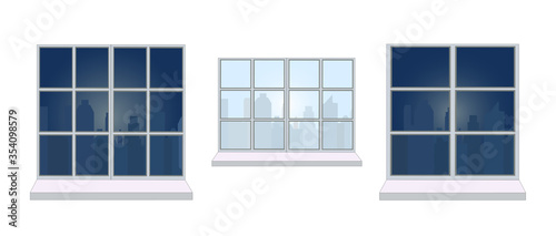 Vector set of various window frames, view from window - different silhouettes of city day and night.