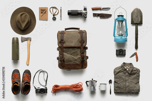Packing backpack for a trip concept with traveler items isolated on white background photo