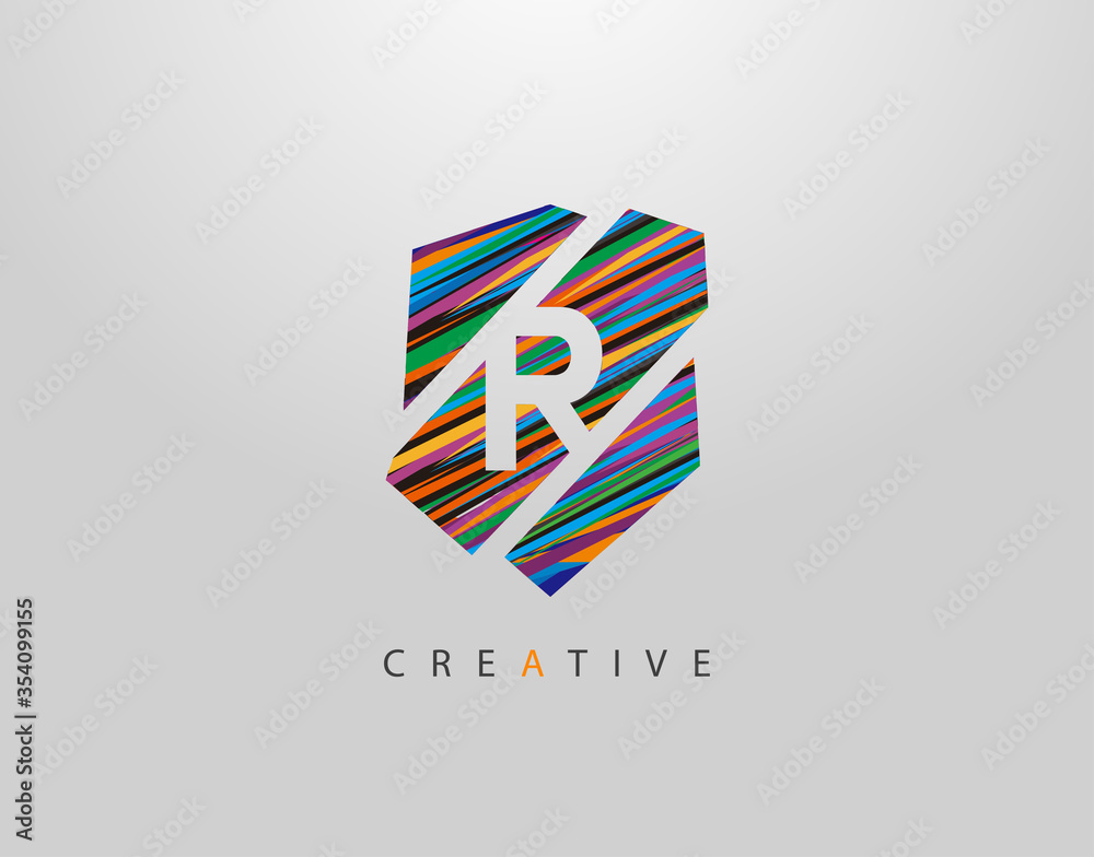 Art Shield R Letter Logo. Creative Modern Abstract Geometric Icon Design, made of various colorful pop art strips shapes Art Shield R Letter Logo. Creative Modern Abstract Geometric Icon Design, made of various colorful pop art strips shapes